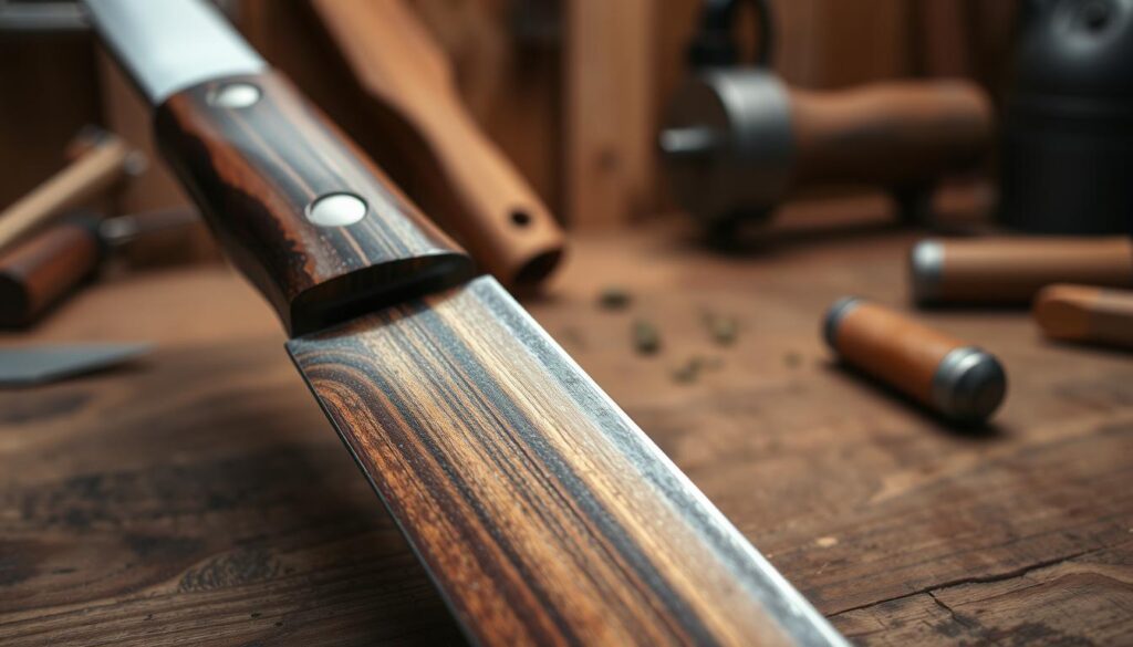 A close-up of a beautifully stabilized wood knife handle, showcasing its rich textures and deep colors, highlighting the resin-infiltrated grains that enhance durability and aesthetics. In the foreground, the handle gleams under soft, diffused lighting, reflecting a variety of organic patterns and luster. The middle section features a subtle backdrop of a finely crafted wooden workbench, with tools and materials hinting at craftsmanship and artistry. The background is softly blurred, with warm tones that evoke a cozy workshop atmosphere. The focus should be sharp on the knife handle, with a slight depth of field effect, emphasizing the unique properties of stabilized wood. The overall mood is inviting and professional, perfect for illustrating the quality and beauty of modern knife handles.