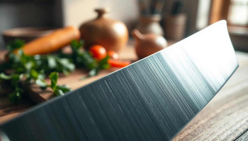 A close-up of a hard steel knife edge, showcasing its intricate structure with fine details of the sharp, glimmering edge and micro-serrations. The foreground should feature the blade tilted to catch soft, diffused natural light that highlights the edge's profile, casting gentle reflections. In the middle, a cutting board with fresh ingredients—herbs and vegetables—hinting at a culinary context, while the background softly blurs into a cozy kitchen setting with warm wooden tones and ambient lighting. The atmosphere should evoke a sense of meticulous care, focusing on the knife as a vital tool in cooking while subtly alluding to the potential for damage. No text, no distractions, just the beauty of craftsmanship.