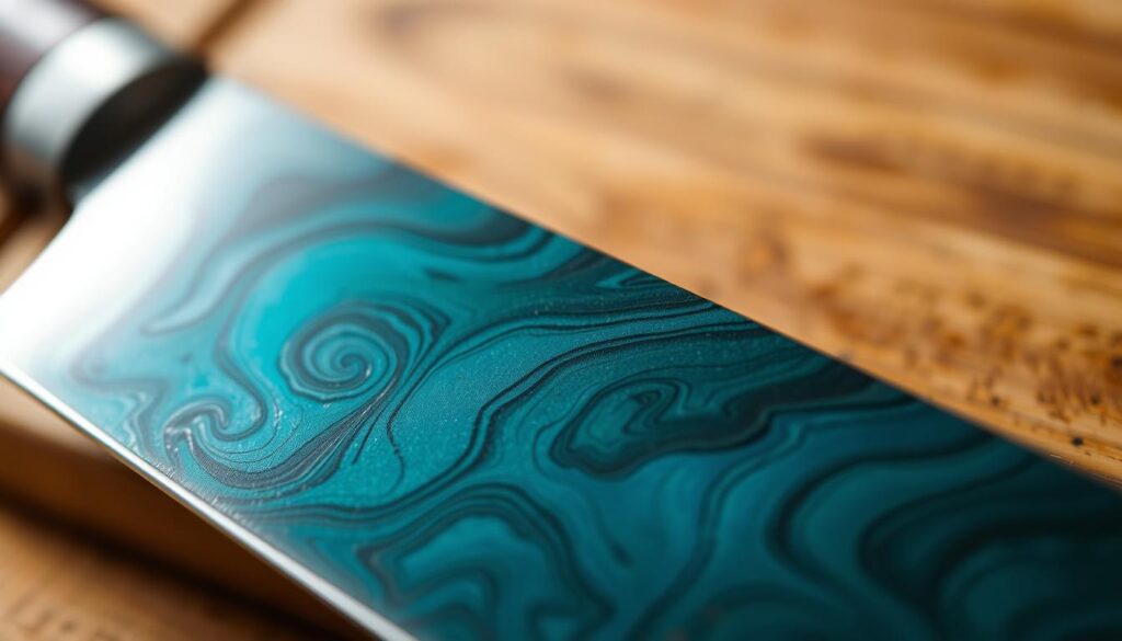 A close-up of a high carbon steel knife blade showcasing a beautiful blue-green patina, with intricate patterns swirling across its surface. In the foreground, the blade is slightly angled to catch the light, highlighting the rich colors and textures of the patina. In the background, a softly blurred wooden cutting board adds warmth to the scene, enhancing the natural aesthetic. The lighting is warm and inviting, coming from a soft overhead source that casts gentle shadows, creating depth and dimension. The overall mood is serene and focused, emphasizing the beauty of the patina and its significance in the conversation about care and maintenance of knives.