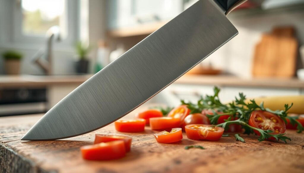 A close-up of a kitchen knife blade showcasing its sharp "knife edge," highlighting small imperfections like chips and nicks. The knife rests on a rustic wooden cutting board, with a subtle sheen on the blade reflecting light. In the foreground, a few scattered vegetables with vibrant colors suggestive of kitchen use, such as sliced tomatoes and herbs, creating a dynamic composition. The middle ground features a softly blurred background of a modern kitchen setting with warm, natural lighting coming from a nearby window, enhancing the homely atmosphere. The image conveys a sense of care and attention to detail, inviting viewers to consider blade maintenance.