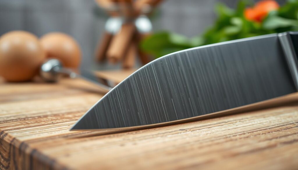 A close-up of a knife edge, showcasing its fine, sharp blade with intricate details of the edge’s micro-serrations. The knife is positioned diagonally across a textured wooden cutting board, glistening subtly under soft, natural lighting that highlights its polished surface. In the background, blurred kitchen tools and a glimpse of fresh vegetables add context, suggesting a busy kitchen environment. A shallow depth of field focuses on the knife edge, bringing attention to the wear and dulling effects from everyday use. The overall mood is informative yet understated, emphasizing the importance of blade care. The image conveys clarity and precision, making it ideal for educational purposes in a culinary context.