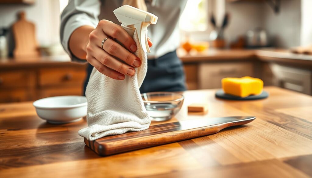 A close-up of a pair of hands carefully cleaning Pakkawood handles with a soft cloth, showcasing the rich colors and textures of the wood. The foreground features the hands in professional, modest casual attire, holding a gentle cleaner spray bottle, with the cloth slightly raised to highlight the action of cleaning. In the middle, a wooden table serves as the surface with hints of other cleaning supplies like a small bowl of warm soapy water and a sponge. The background is softly blurred, suggesting a warm, well-lit kitchen with natural light filtering in, creating a serene and inviting atmosphere. The focus should emphasize the gleam of the clean Pakkawood, portraying a meticulous care process that enhances durability and shine.
