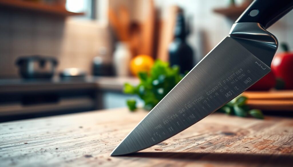 A close-up of a right-handed kitchen knife blade with a sleek, modern design, positioned on a wooden cutting board. The focus is on the blade's sharp edge, shimmering under soft, diffused lighting that creates gentle reflections. In the background, a mildly blurred kitchen setting reveals a cozy atmosphere, with hints of fresh vegetables and herbs to evoke a sense of culinary craft. The angle showcases the knife's ergonomic handle, emphasizing its design tailored for right-handed users. The overall mood is warm and inviting, highlighting the significance of proper tool design in creating a comfortable cooking experience. No text or additional elements should appear in the image.