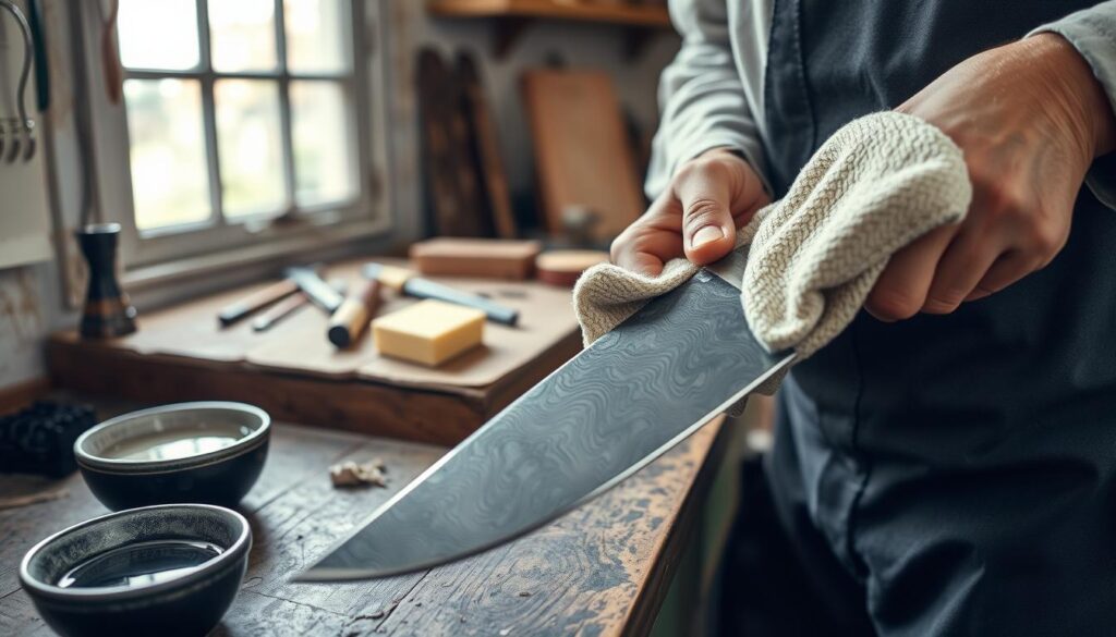 A close-up of a skilled artisan cleaning a beautifully patterned Damascus steel blade. In the foreground, the artisan, dressed in a simple yet professional outfit, carefully wipes the blade with a soft cloth, revealing the intricate wavy patterns of the steel. To the side, a small bowl of soapy water and a foam sponge are placed, illustrating the cleaning materials used. In the middle background, a rustic wooden workbench adds warmth to the scene, while tools for blade care, such as a honing rod and oil, are neatly arranged. Natural, soft lighting filters through a nearby window, highlighting the blade's glossy surface. The atmosphere feels serene and focused, emphasizing craftsmanship and care in steel maintenance.
