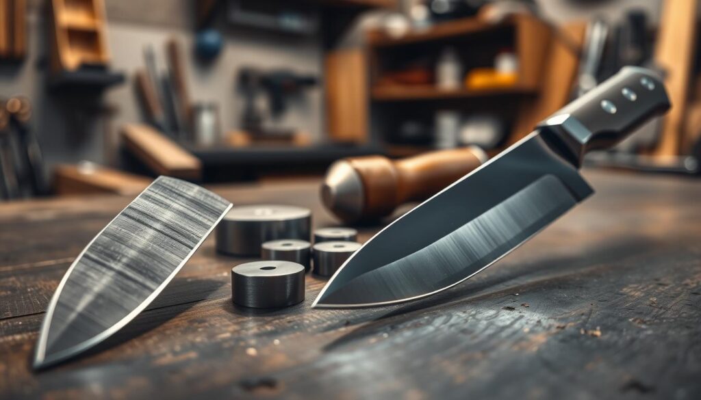 A close-up of a sleek, polished carbon steel blade and a shiny stainless steel blade positioned side by side on a dark wooden workbench. The foreground showcases intricate details of the blade edges and surface textures, highlighting the contrast between the rich, deep gray of carbon steel and the bright, reflective finish of stainless steel. In the middle, small metallic tools like sharpening stones and a wooden handle, subtly blurred, provide context on the craftsmanship involved. The background features a softly lit workshop ambiance, with faint outlines of shelves and tools. Warm, ambient lighting casts gentle shadows, creating a professional and inviting atmosphere, emphasizing the quality and precision of both blade materials.