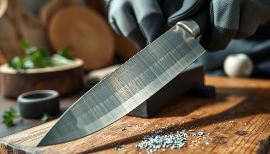 A close-up of a well-used, high-quality chef's knife being sharpened on a whetstone. The knife's blade glistens under soft, natural lighting, highlighting the fine edge and surface scratches that indicate previous sharpening. In the background, an out-of-focus kitchen scene features wooden cutting boards and herbs, contributing to a warm, inviting atmosphere. The whetstone is supported on a rustic wooden table, with small steel shavings scattered around it, suggesting the wear from excessive sharpening. A pair of steady hands in professional kitchen gloves grip the knife, showcasing proper technique. The lens offers a shallow depth of field, drawing attention to the sharpening process, emphasizing the theme of caution against over-sharpening.