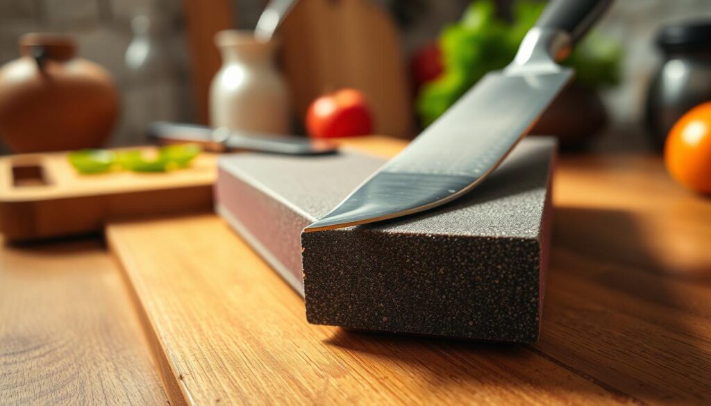 A close-up of a well-worn whetstone with different grit levels clearly visible. In the foreground, display the whetstone on a wooden kitchen countertop, focusing on the distinct texture and colors of the grits—coarse, medium, and fine. The middle ground features a shiny, sharp kitchen knife angled slightly to show its blade against the whetstone. In the background, softly blurred, there are blurred hints of kitchen tools like a cutting board and vegetables, creating a domestic atmosphere. Use warm, natural lighting to convey a sense of craftsmanship and care. The angle is slightly tilted for a dynamic view, inviting the viewer to engage with the sharpening process. The overall mood is professional and inviting, showcasing the art of knife sharpening.