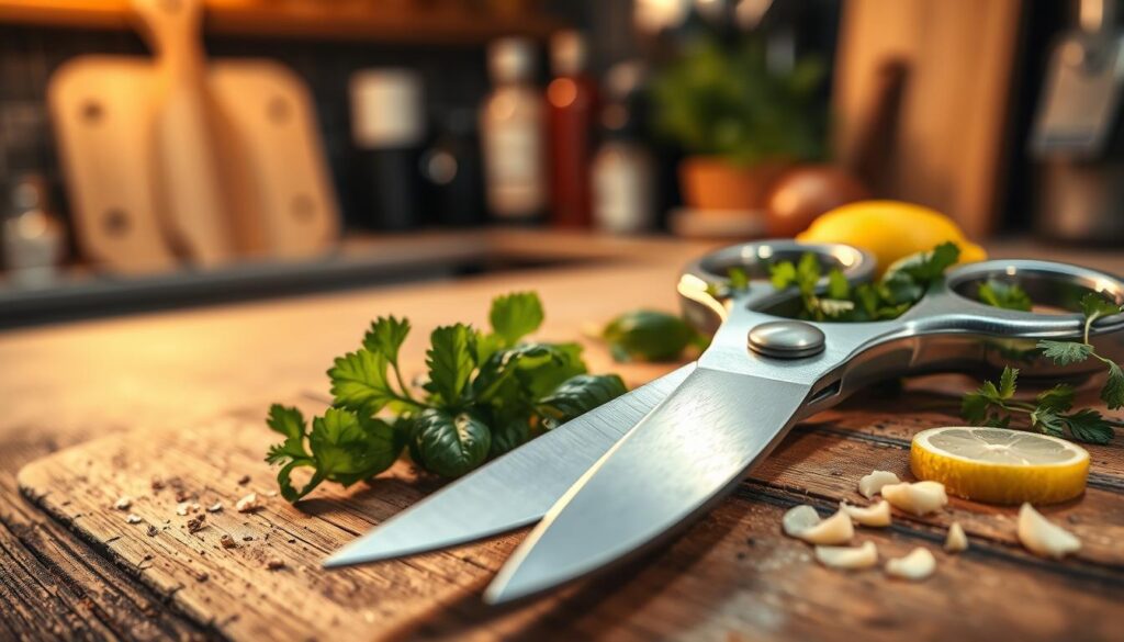 A close-up of professional-grade kitchen shears resting on a rustic wooden kitchen countertop, showcasing their sharp, stainless steel blades glistening under warm, diffused lighting. The shears should have a sleek, ergonomic handle, possibly adorned with textured grips for better control. Surrounding the shears, include fresh herbs like basil and parsley, and a cutting board with scattered ingredients such as minced garlic and lemon slices, hinting at their usage in culinary tasks. In the background, softly blurred, display hints of kitchen tools like a cutting board and a few spices on a shelf, creating a cozy and inviting atmosphere. The image should evoke a sense of quality and expertise in a professional kitchen setting.