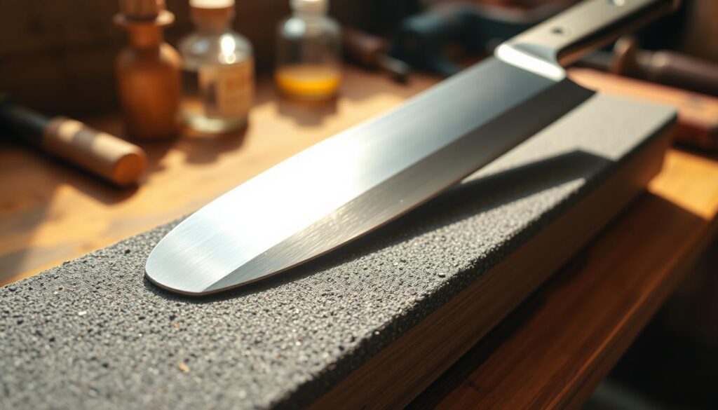 A close-up scene of a sturdy whetstone on a wooden workbench, with a heavy-duty meat cleaver positioned at a slight angle ready for sharpening. In the foreground, the textured surface of the whetstone, showing fine grit particles glistening under soft, warm natural light. The middle ground features the cleaver with its polished blade reflecting light, emphasizing its sharp edge. The background is softly blurred to reveal hints of tools like honing rods and sharpening oils, creating a workshop atmosphere. The overall mood is focused and meticulous, showcasing the precision of sharpening with an inviting and warm ambiance. The composition is shot from a slightly elevated angle, capturing the elements in detail without any distractions.