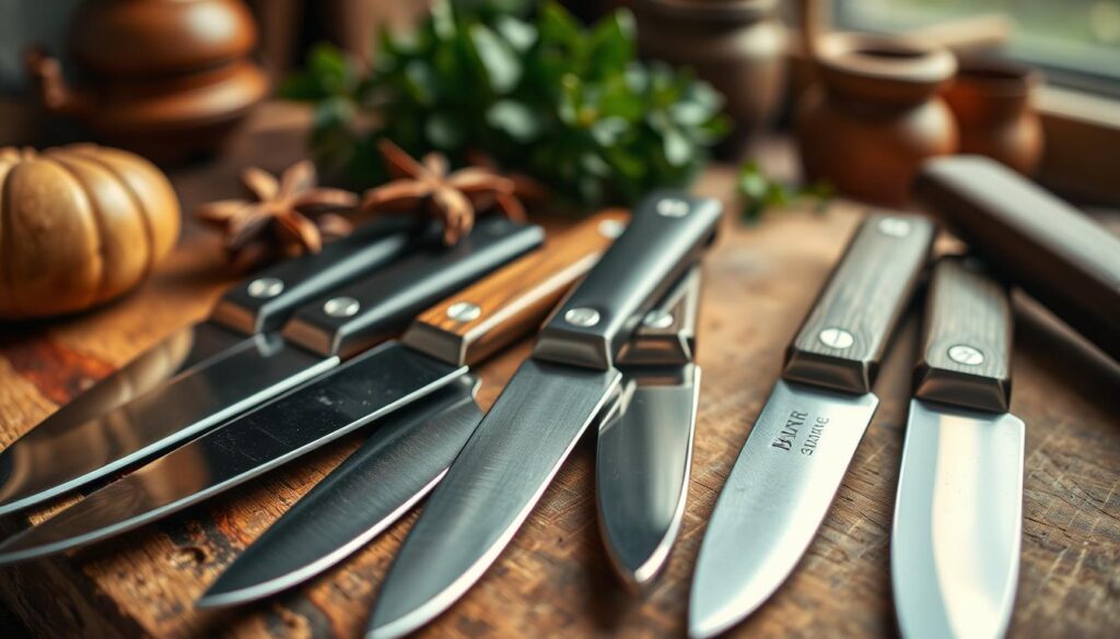 A close-up shot of a collection of small petty knives laid out on a wooden cutting board, showcasing their delicate edges. In the foreground, focus on the shiny, sharp blades that reflect light, revealing intricate designs on the metal surfaces. In the middle ground, display different handle styles—some with beautiful wood grains, others with sleek modern materials. The background should be softly blurred, featuring a rustic kitchen setting with hints of fresh herbs and spices, adding a touch of warmth. Use warm, natural lighting to create a cozy atmosphere, and apply a shallow depth of field to emphasize the knives as the central subject.