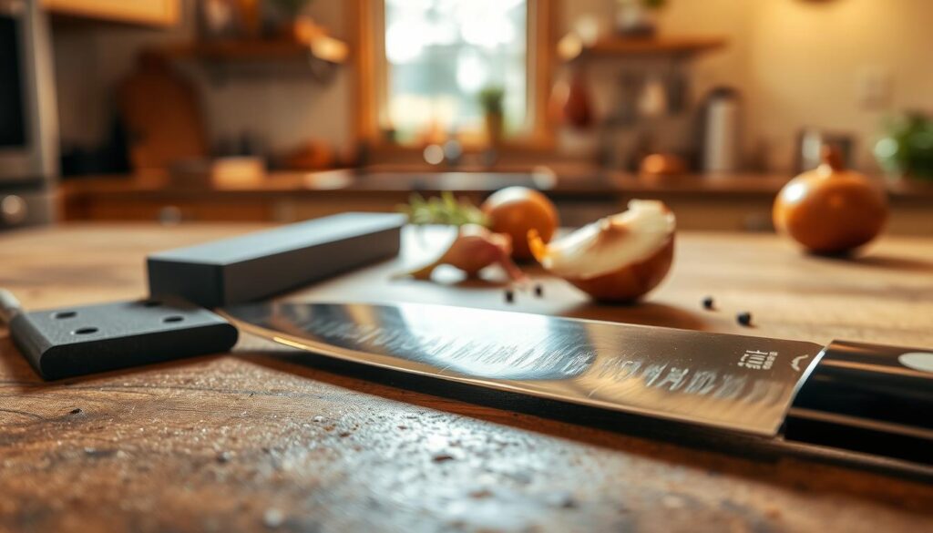 A close-up shot of a high carbon steel kitchen knife laid on a wooden countertop, showcasing its distinctive beautiful patina and sharp edge. In the foreground, the knife gleams with reflections of light, emphasizing its polished surface. In the middle ground, scattered kitchen sharpening tools like a whetstone and honing rod add context, while a few vegetables like herbs or an onion sit nearby, hinting at its intended use. The background features a softly blurred kitchen setting with warm, natural light illuminating the scene through a window, creating a serene and inviting atmosphere. This image captures the essence of carbon steel knives, illustrating their sharpening characteristics amid a tranquil kitchen environment.