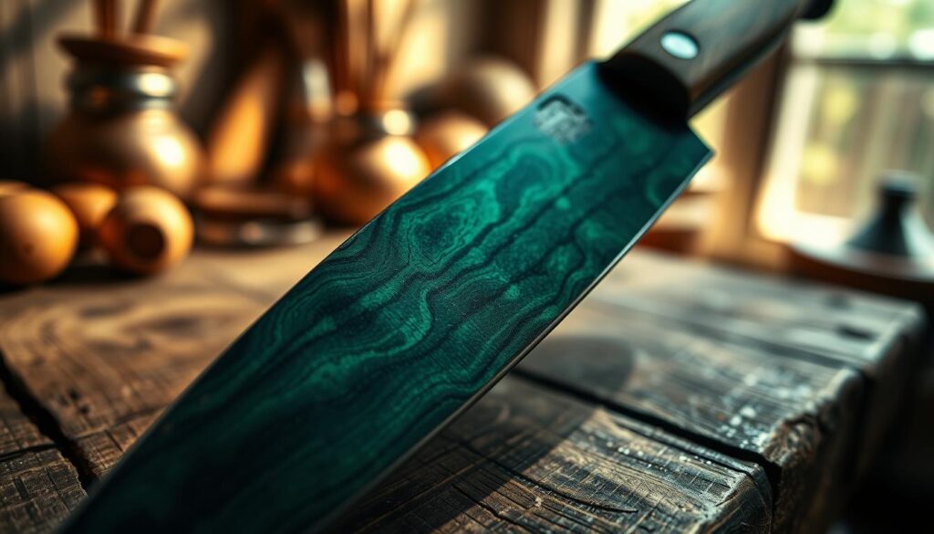 A close-up shot of a knife with a beautifully textured patina on the blade, showcasing swirling greens and blues against the steel. The knife rests on a rustic wooden surface, with the lighting highlighting the intricate details of the patina, casting gentle shadows. In the background, softly blurred kitchen utensils hint at its usage, creating a warm, inviting atmosphere. The focus is sharp on the blade, with a shallow depth of field that beautifully blurs the background. Natural light filters through a nearby window, adding a soft glow and enhancing the rich colors of the patina. The mood is contemplative, encouraging viewers to appreciate the character and history behind the craftsmanship and its patina.