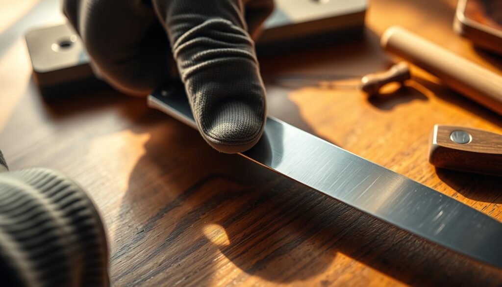 A close-up shot of a person’s hand carefully feeling along the edge of a knife, highlighting the burr. The hand is gloved for safety, and the fingers are delicately tracing the blade without significant pressure. The knife is placed on a wooden surface, with subtle reflections from nearby lighting creating a warm, inviting atmosphere. In the background, there are sharpening tools like a whetstone and honing rod, slightly out of focus to emphasize the hand and knife in the foreground. The lighting is soft and natural, casting gentle shadows that add depth to the scene. The overall mood conveys a sense of focus and caution, illustrating the importance of safely assessing a knife’s edge.