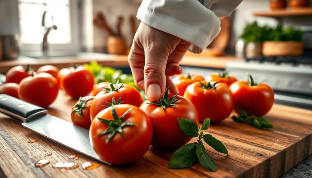 A close-up shot of a wooden cutting board featuring various ripe tomatoes being tested for ripeness and firmness, with a sharp, high-quality chef knife resting beside them. In the foreground, include droplets of water on the tomatoes, highlighting their freshness, while the knife’s gleaming blade reflects the tomatoes' vibrant colors. In the middle ground, showcase the chef's hand, wearing a neatly rolled-up chef's coat sleeve, gently squeezing a tomato to assess its texture. The background is softly blurred, showcasing an organized kitchen countertop with herbs and culinary tools, illuminated by warm, natural light coming from a nearby window, creating a welcoming and professional atmosphere. The overall mood is focused and methodical, emphasizing the testing process in culinary preparation.