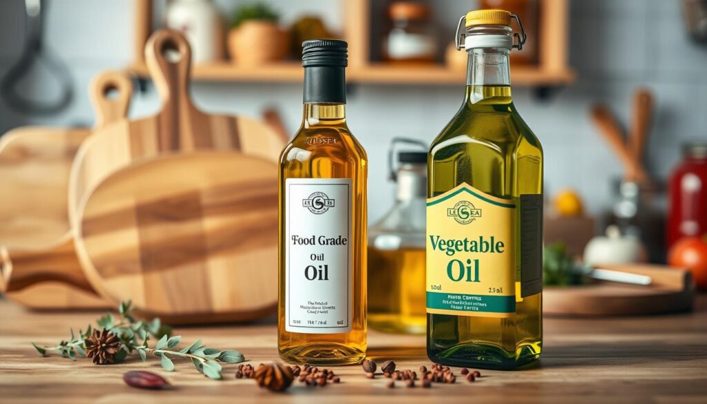 A close-up still-life composition showcasing two distinct bottles of food-safe oils, one labeled as food-grade mineral oil and the other as vegetable oil. The foreground features the bottles with their labels clearly visible and set against a backdrop of polished wooden cutting boards and kitchen utensils. In the middle ground, there are scattered herbs and spices, hinting at culinary applications. The background fades into a softly lit kitchen scene with blurred shelves of cooking ingredients, creating a warm, inviting atmosphere. The lighting is bright but diffused, highlighting the oils' textures and the sheen of the bottles, shot with a 50mm lens to ensure clarity and detail. The overall mood is clean, professional, and conducive to a culinary setting.