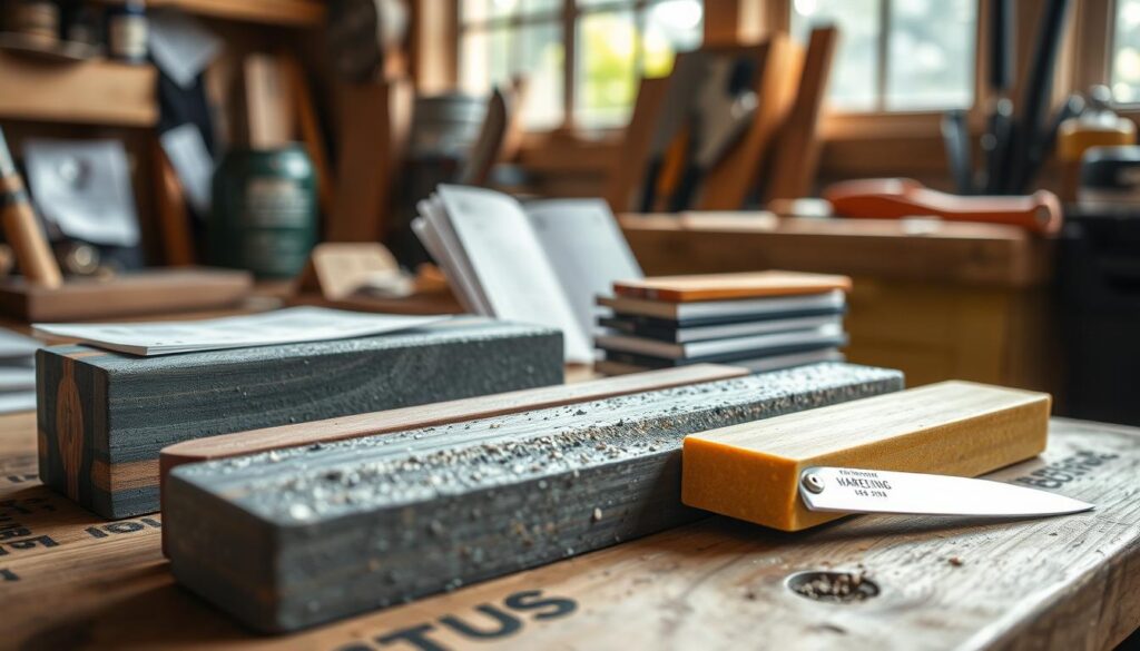 A close-up still life scene showcasing a selection of five premium whetstones designed for beginners. In the foreground, various whetstones with different colors and textures are neatly arranged on a wooden workbench, displaying their unique grain patterns and grit levels. A well-lit sharpening tool, like a knife, rests beside them to emphasize their use. In the middle ground, a softly focused set of sharpening guides or instructions can be partially visible, enhancing the context of selection. The background features a cozy workshop environment with natural light streaming in through a window, creating a warm and inviting atmosphere. The image captures a sense of craftsmanship and the joy of honing skills, ideal for beginners. The overall tone is educational and approachable, encouraging new enthusiasts to engage with the sharpening process.