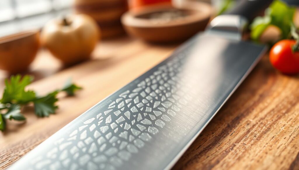 A close-up view of VG10 stainless steel, showcasing its intricate pattern and finish. In the foreground, highlight the polished surface of a VG10 knife blade, reflecting soft light to accentuate the sheen and crystalline texture unique to this high-end alloy. The middle layer should feature the blade resting on a traditional wooden cutting board, emphasizing the craftsmanship of Japanese knife-making. In the background, softly blurred, include hints of fresh ingredients like vegetables and herbs to evoke a culinary atmosphere. Use warm, natural lighting to create an inviting mood, capturing the essence of kitchen artistry and the elegance of VG10 steel as a premium choice for chefs. The image should convey both sophistication and functionality, providing a visual understanding of VG10's appeal in high-quality knives.