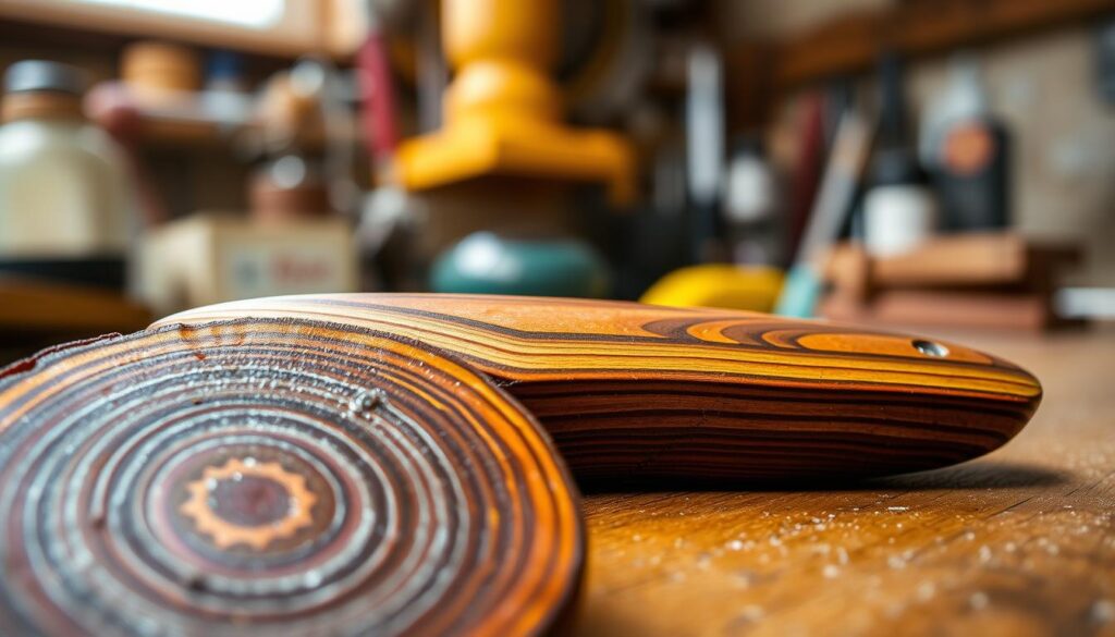 A close-up view of a beautiful piece of micarta material, showcasing its unique layered texture and vibrant colors. The foreground features the micarta slice with intricate patterns and a glossy finish that reflects light, emphasizing its quality. In the middle, place a well-crafted knife handle made of micarta, highlighting its ergonomic contours and rich appearance, as well as a few subtle scratches that indicate use over time. The background is softly blurred, hinting at a workshop environment with warm, natural lighting that creates an inviting and professional atmosphere. The image captures the tactile nature of the micarta, inviting the viewer to appreciate its durability and aesthetics. The overall mood should convey a sense of craftsmanship and appreciation for quality materials.