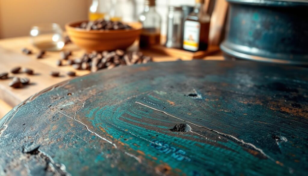 A close-up view of a beautifully aged carbon steel surface, showcasing a rich, colorful patina that transitions from deep blue and green hues to rustic browns and blacks. The foreground captures intricate details of the texture, highlighting the subtle patterns and imperfections that tell a story of oxidation. In the middle ground, the gentle reflection of light glimmers, emphasizing the interplay between color and texture. The background features soft, out-of-focus kitchen elements like a rustic wooden table, hints of coffee beans, and a bottle of vinegar, evoking a dynamic cooking atmosphere. The lighting is warm and natural, casting soft shadows and creating an inviting ambiance. The mood suggests craftsmanship and care, ideal for appreciating the beauty and functionality of a well-used carbon steel item.