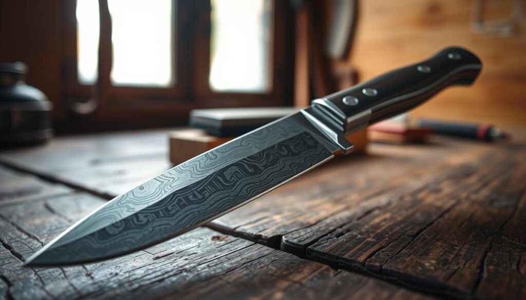 A close-up view of a beautifully crafted Damascus steel knife, showcasing the intricate and unique patterns in the blade. The foreground features the knife placed on a rustic wooden table, with its sharp, reflective surface catching soft, natural light filtering through a nearby window. In the middle ground, there is a subtle arrangement of sharpening tools like a whetstone and leather strop, hinting at the craftsmanship involved in maintaining the knife. The background consists of blurred, muted shades of warm earth tones to evoke a cozy, workshop atmosphere. The overall mood is one of serenity and craftsmanship, capturing the essence of what makes Damascus steel knives distinctively beautiful and valuable.