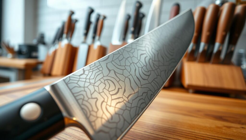 A close-up view of a beautifully crafted kitchen knife showcasing its gleaming blade steel, reflecting intricate patterns of Damascus steel. The foreground features the knife placed on a polished wooden cutting board, emphasizing its sharpness and quality. In the middle ground, various high-quality kitchen knife sets are displayed with elegant wooden handles, hinting at different data-sizes and shapes. The background features a softly blurred kitchen environment, with warm lighting that creates an inviting and professional atmosphere. Capture the texture of the blade and the sheen of the steel under natural light, using a macro lens to highlight the fine details. Convey a sense of craftsmanship, precision, and elegance, suitable for an upscale culinary setting.