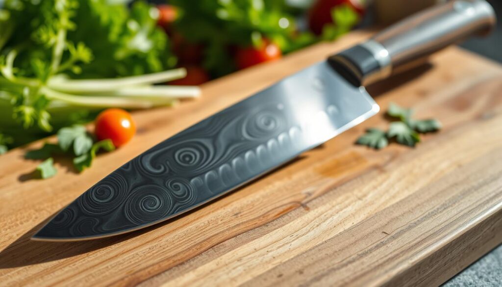 A close-up view of a beautifully crafted modern Damascus steel kitchen knife resting on a polished wooden cutting board. The knife features intricate swirling patterns along the blade, showcasing the unique craftsmanship of modern metallurgy. Soft, diffuse natural lighting highlights the gleam of the steel and casts gentle shadows, creating depth and texture. In the background, a blurred array of fresh vegetables and herbs adds a vibrant pop of color, emphasizing the knife's culinary purpose. The atmosphere is inspiring and sophisticated, inviting the viewer to appreciate the blend of art and utility in this high-end kitchen tool. The angle is slightly above the knife, allowing the viewer to admire the blade's craftsmanship while maintaining a professional aesthetic.