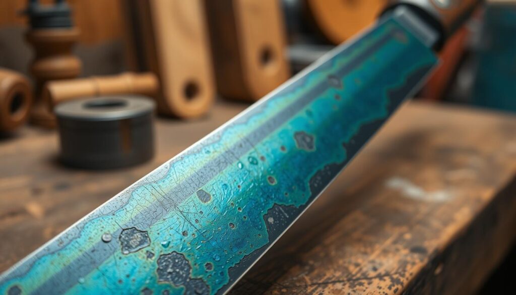 A close-up view of a carbon steel blade displaying a vibrant patina, showcasing its rich, multi-toned surface with deep blues, greens, and subtle browns. The patina should appear textured, emphasizing its complexity against the smoothness of the steel. In the foreground, the blade is positioned slightly at an angle to catch the light, with soft reflections highlighting the contours. The middle ground features a blurred wooden workbench, adding an organic feel. In the background, a warm, ambient light glows, simulating a workshop setting. The atmosphere conveys a sense of craftsmanship and tradition. The image should be devoid of any text or annotations, ensuring a clean representation of the intricate details of the patina versus rust.