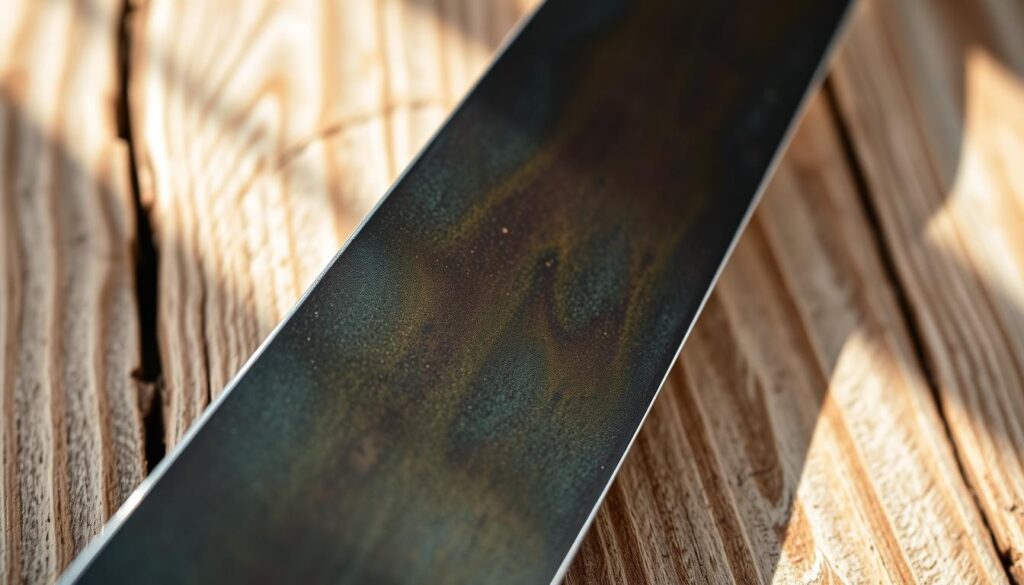 A close-up view of a carbon steel blade showcasing a detailed patina surface, glistening with rich hues of blue, green, and bronze, indicating various stages of oxidation. The blade is positioned diagonally against a softly textured wooden backdrop that enhances the rustic charm of the steel. Natural sunlight streams in from the left, casting gentle shadows and accentuating the intricate patterns of the patina. The focus is sharp on the blade, while the background is softly blurred, creating a captivating depth of field. The atmosphere is warm and inviting, evoking a sense of craftsmanship and appreciation for the aging process of metal.