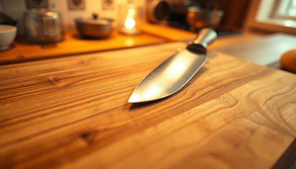 A close-up view of a cutting board made from maple wood, showcasing the intricate grain patterns and warm, golden hues of the wood. The foreground features finely detailed textures of the grain, emphasizing the smooth finish and natural variations. In the middle ground, a well-used chef's knife with a polished blade rests delicately on the board, reflecting soft light. The background is softly blurred, hinting at a cozy kitchen setting with warm, ambient lighting, evoking a sense of homeliness and culinary artistry. The overall atmosphere is inviting and professional, creating a focus on the beauty and durability of maple wood as a cutting board material, ideal for preserving knife sharpness.