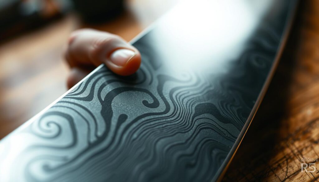 A close-up view of a finely crafted Damascus steel blade, prominently featuring intricate patterns that showcase the unique flow of wavy lines and swirls typical of this ancient metalworking technique. The foreground focuses on the blade’s glossy and polished edge, reflecting light in sharp contrasts, highlighting the varying shades of dark and light steel in rich detail. In the middle ground, a subtle, blurred hand is shown gently holding the blade, emphasizing care in handling. The background is a soft focus of a wooden table, adding warmth and depth to the composition. The lighting is soft and diffused, creating an elegant atmosphere that conveys the beauty and craftsmanship of Damascus steel, while evoking a sense of reverence for the artistry involved in its creation and maintenance.