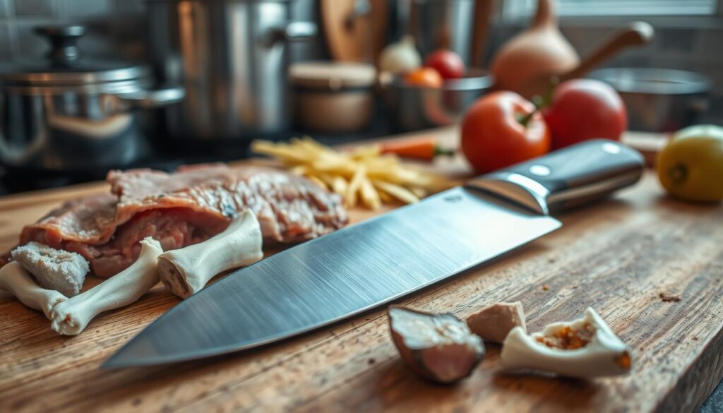 A close-up view of a finely crafted kitchen knife resting on a rustic wooden cutting board, surrounded by various foods that can damage the blade, such as brittle bones, frozen meat, and hard vegetables. The knife’s polished blade reflects soft, warm kitchen lighting, highlighting its sharp edge and intricate details, such as the handle’s texture and craftsmanship. In the background, blurred images of a busy kitchen setting add depth, with pots, pans, and uncut vegetables partially visible. The atmosphere is one of caution, emphasizing the importance of proper knife care. The image is shot from a slightly elevated angle, giving an intimate perspective on the harmful impact of using inappropriate materials on the knife edge.