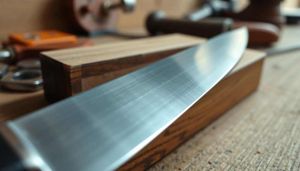 A close-up view of a finely sharpened knife blade, reflecting a pristine, sharp edge, glinting under soft, diffuse lighting. In the foreground, focus on the blade’s edge, capturing its polished surface and fine details, such as micro-serrations. In the middle ground, include a well-worn, wooden sharpening stone, showing the texture of the stone and the subtle wear from previous use. In the background, softly blurred, there is a workspace with tools and leather strops, creating an artisanal atmosphere. The overall mood is focused and serene, evoking a sense of craftsmanship and precision in the sharpening process, perfect for illustrating sharpness and technique. Use a shallow depth of field to emphasize the blade and stone while creating an inviting, professional workspace ambiance.