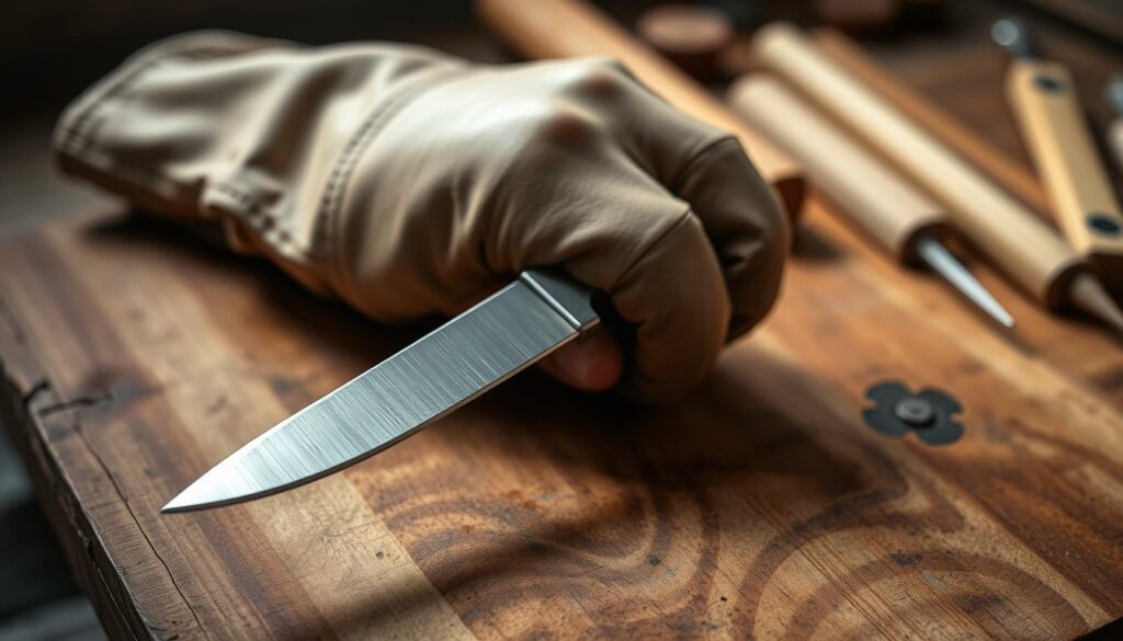 A close-up view of a finely thinned knife blade, showcasing its elegant edge and precise tapering. In the foreground, the blade is set against a rustic wooden cutting board, glistening under soft, natural light that accentuates its polished surface. The middle section features an artisan's hand, clad in a modest leather glove, gently holding the knife at a 45-degree angle, demonstrating control and technique. In the background, out of focus, there are various tools of the trade—sharpening stones and honing rods, adding depth to the scene. The atmosphere is calm and focused, suggesting the artistry and skill involved in thinning a blade for optimal performance. Capture this moment with a shallow depth of field to emphasize the blade's edge, inviting viewers to appreciate the craftsmanship and precision involved.