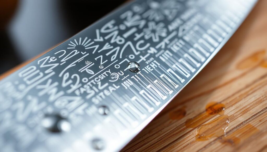A close-up view of a gleaming knife blade made of polished steel, showcasing intricate patterns and textures characteristic of high-quality craftsmanship. The blade is angled sharply, reflecting ambient light to highlight its sharp edge and mirror-like finish. In the foreground, droplets of water or oil may be visible, adding a touch of realism. The background features a softly blurred wooden cutting board, providing a warm, natural contrast to the cold steel of the blade. The lighting is soft and diffused, creating a professional ambiance that emphadata-sizes the precision and elegance of the knife. Shadows are subtle, enhancing the three-dimensional feel of the blade without distracting from its beauty. The overall mood is one of sophistication and culinary artistry.