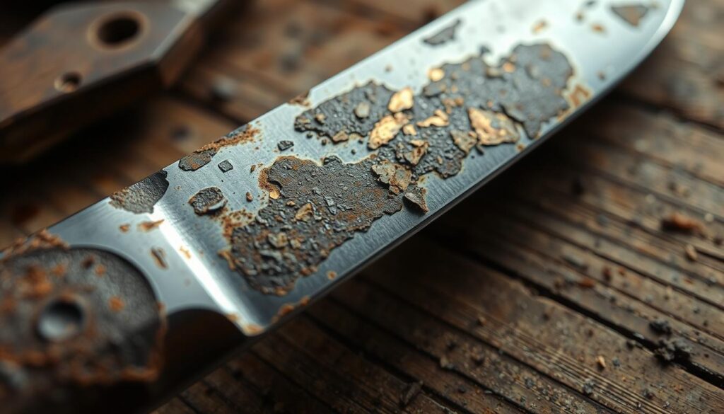 A close-up view of a high carbon steel knife exhibiting pronounced corrosion and rust on its blade. The foreground highlights the rough texture of the corroded steel, with deep pits and flaking rust contrasting against the polished edges. The middle ground features a faint reflection of light on the blade, showcasing the metallic sheen alongside the deteriorated sections. The background is softly blurred, depicting a rustic wooden workbench, adding warmth to the scene. The lighting is soft and diffused, with gentle shadows accentuating the knife's contours, creating a melancholic yet compelling atmosphere that evokes the challenges of maintenance. The overall mood emphadata-sizes the deterioration of steel, with a focus on detail to illustrate the corrosion process visually.