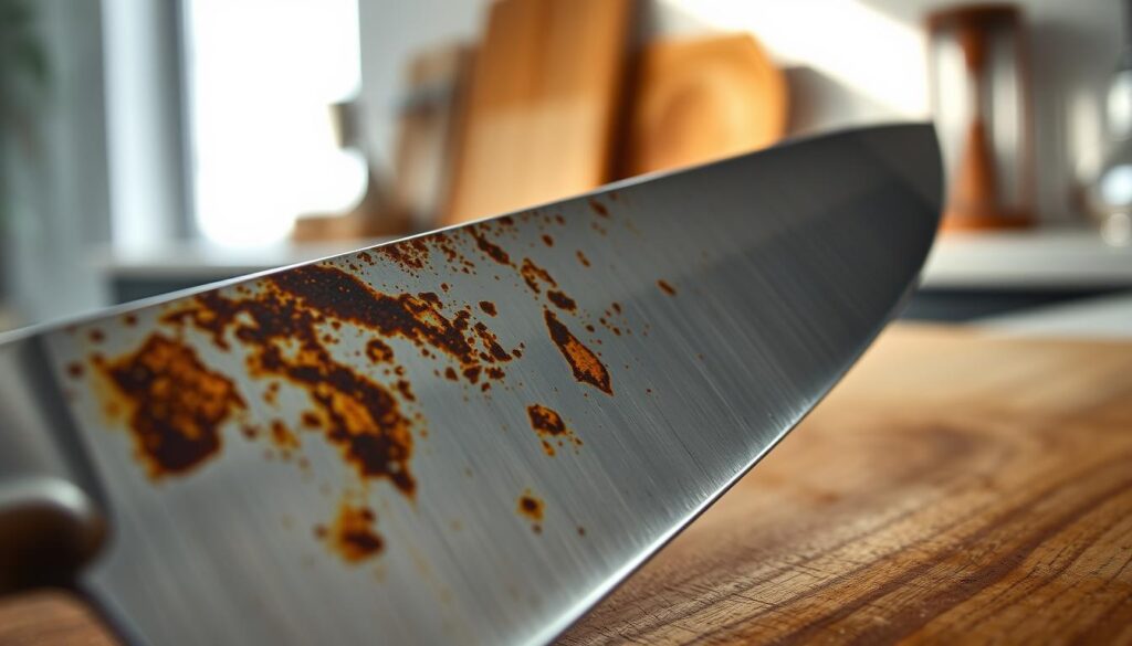 A close-up view of a high-end stainless steel knife blade prominently displaying rust spots and discoloration. The foreground features the blade at an angle, highlighting the intricate patterns of rust against the polished metal surface, with glints of light reflecting off the edge. In the middle ground, a wooden cutting board provides a warm contrast, displaying subtle wood grains and textures. The background includes a blurred kitchen setting, softly illuminated by natural light streaming in from a nearby window, creating a calm and contemplative atmosphere. The overall mood conveys the struggle between elegance and the wear of time, emphasizing the importance of maintenance for high-quality kitchen tools.