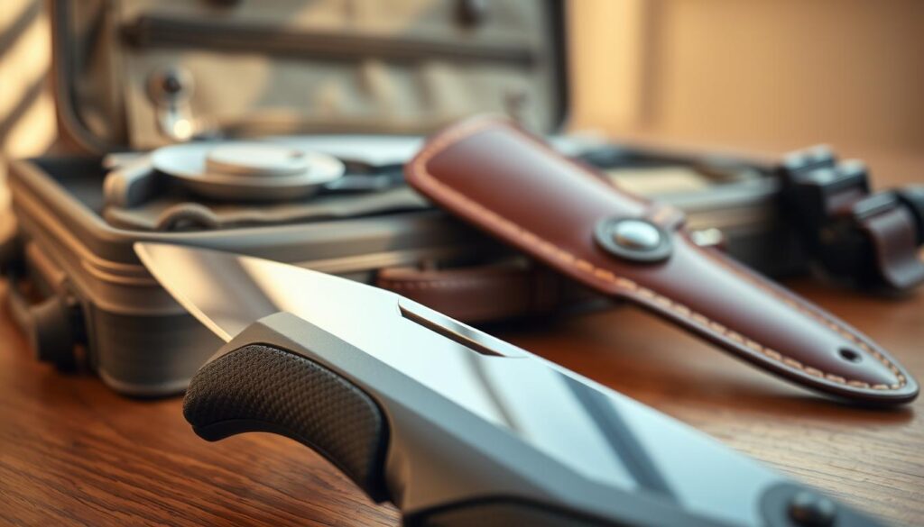 A close-up view of a high-quality plastic blade guard in a sleek, travel-ready design, positioned prominently in the foreground. The blade guard exhibits a glossy finish with textured grip accents, emphasizing its protective features. In the middle ground, a luxurious leather blade guard is partially visible, demonstrating a blend of elegance and functionality. The background features a travel setting, such as a well-organized suitcase or a wooden table, softly lit with warm, natural light to create a cozy and inviting atmosphere. The scene captures a sense of safety and preparedness for travel, highlighting the contrasts between the two materials. The mood is professional and informative, focusing on the importance of protecting blades while traveling. The angle is slightly elevated, offering a comprehensive view of both guards without any distractions.