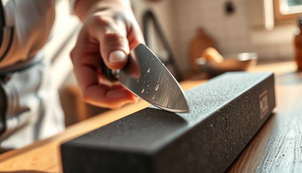 A close-up view of a kitchen knife being sharpened, showcasing the subtle edge angle. In the foreground, a professional chef’s hand holds the knife at an optimal 15-degree angle against a whetstone, glistening with water droplets. The knife, made of high-quality German steel, reflects light beautifully, highlighting its sharp edge. In the middle ground, the whetstone settings are detailed with textures, displaying fine grit. The background features a softly blurred kitchen environment, emphasizing a warm and inviting atmosphere with natural light streaming in, casting gentle shadows across the scene. The overall mood conveys precision and craftsmanship, ideal for illustrating the concept of sharpening angles in kitchen knives.