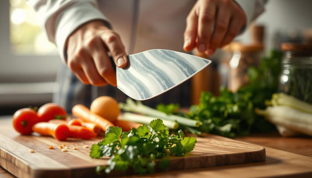 A close-up view of a kitchen knife on a wooden cutting board, showcasing its thin, tapered blade reflecting light with a high-polish sheen. In the foreground, a hand in professional chef attire gently holds the blade at an angle, emphasizing its sleek design and sharpness. The middle ground features an array of fresh vegetables ready for preparation, hinting at the knife's utility. The background exhibits a softly blurred kitchen setting bathed in natural light, with herbs and spice jars subtly out of focus, enhancing the atmosphere of culinary precision. The overall mood is one of mastery and skill, capturing the essence of knife care and performance.