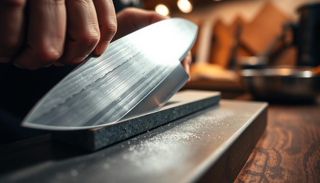 A close-up view of a person meticulously sharpening a kitchen knife on a whetstone, highlighting the action of over-sharpening. The foreground features the gleaming, finely honed blade reflecting light while the person's focused hands hold the knife, showcasing a precise angle. In the middle ground, the whetstone is damp, with fine particles of steel shimmering, emphasizing the wear of the blade. The background features a softly blurred kitchen setting with warm, ambient lighting, adding to the atmosphere of careful craftsmanship. The image conveys a sense of caution and attention to detail, illustrating the tension between skill and the risk of damaging the knife.
