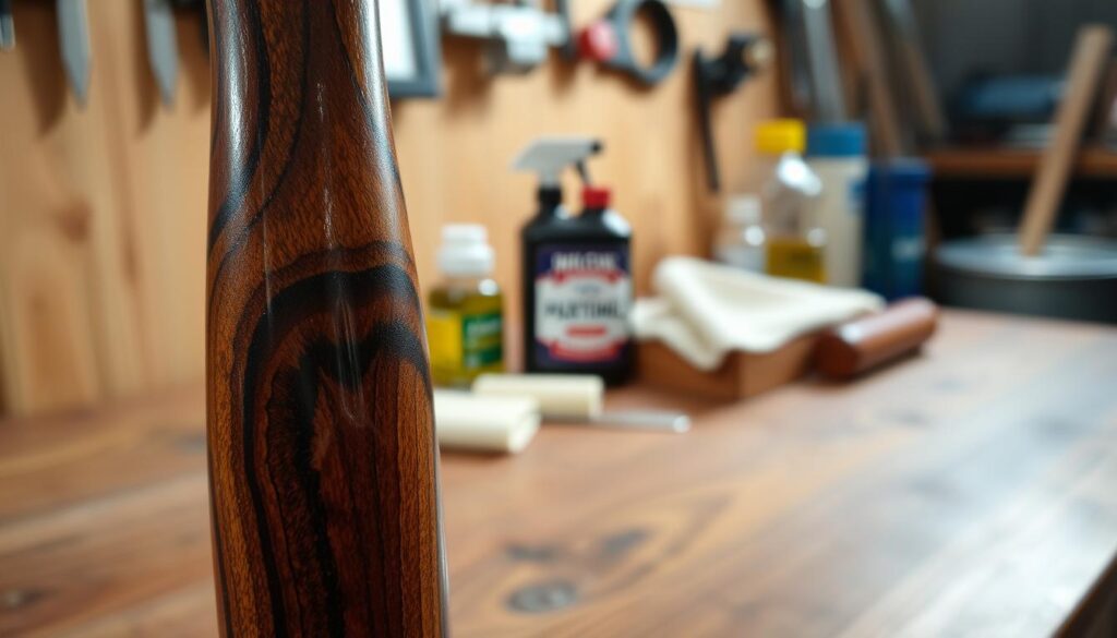A close-up view of a rich, polished Pakkawood handle, showcasing its intricate grain patterns and vibrant colors. The handle should be positioned in the foreground, glistening under soft, diffused lighting to emphasize its shine and texture. In the middle ground, include a blurred background of a wooden workbench with maintenance tools such as oil and cloths, suggesting a setting for care and upkeep. The atmosphere should evoke a sense of craftsmanship and attention to detail. The image should be captured at a slight angle to highlight the curves of the handle, with a shallow depth of field to keep the focus on the Pakkawood’s beauty and durability.