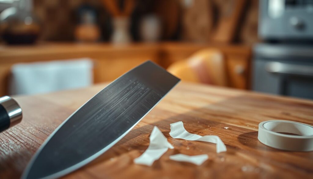 A close-up view of a sharp kitchen knife with a shiny blade positioned on a wooden cutting board, surrounded by remnants of tape adhesive. The knife is angled slightly to showcase its edge, reflecting soft, natural light coming from the left, creating gentle shadows that emphasize its sharpness. In the foreground, there are small pieces of sticky tape and adhesive residue, contrasting against the knife's metallic surface. The background features a blurred kitchen setting, with warm earthy tones to convey a safe and inviting atmosphere. The overall mood is focused and careful, highlighting the importance of safety in handling the knife while preparing to remove the tape residue.