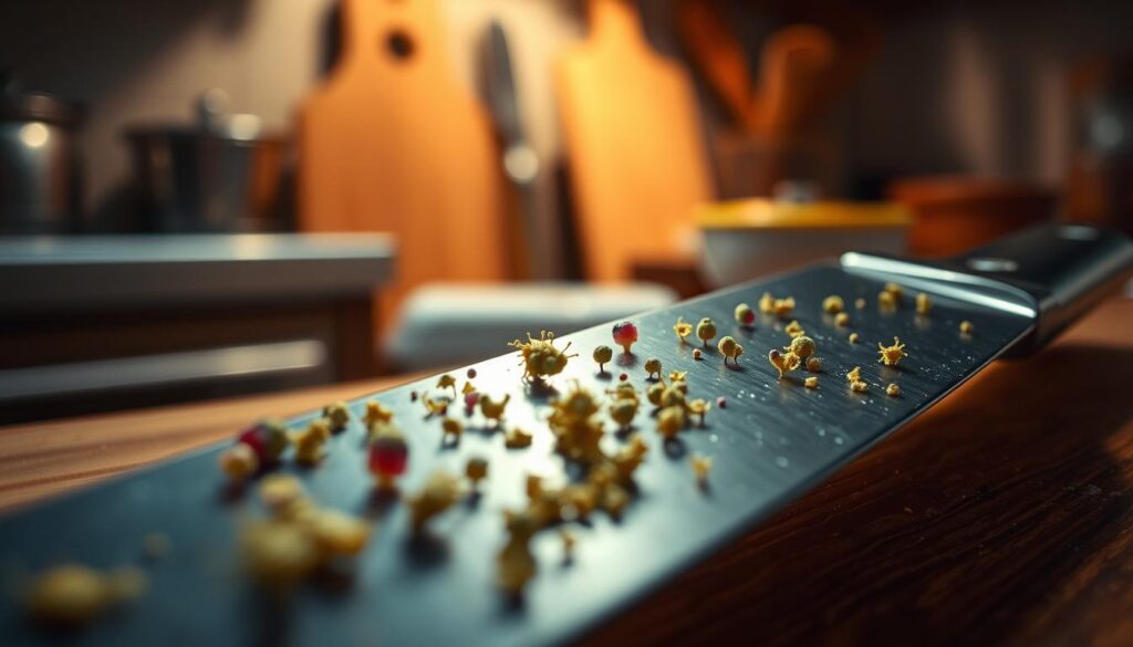 A close-up view of a stainless steel kitchen knife resting on a wooden cutting board, with vibrant, visible colonies of bacteria spread across the blade's edge and surface. The bacteria exhibit a variety of shapes and colors, creating a stark contrast against the shiny metal. In the background, a blurred kitchen setting is softly lit, with warm tones illuminating the wooden textures of the board and surrounding utensils. The atmosphere is slightly unsettling, emphasizing the importance of cleanliness and sanitation in a kitchen environment. Use a macro lens effect to highlight the intricate detail of the bacteria and knife, while maintaining a clear focus and a shallow depth of field.