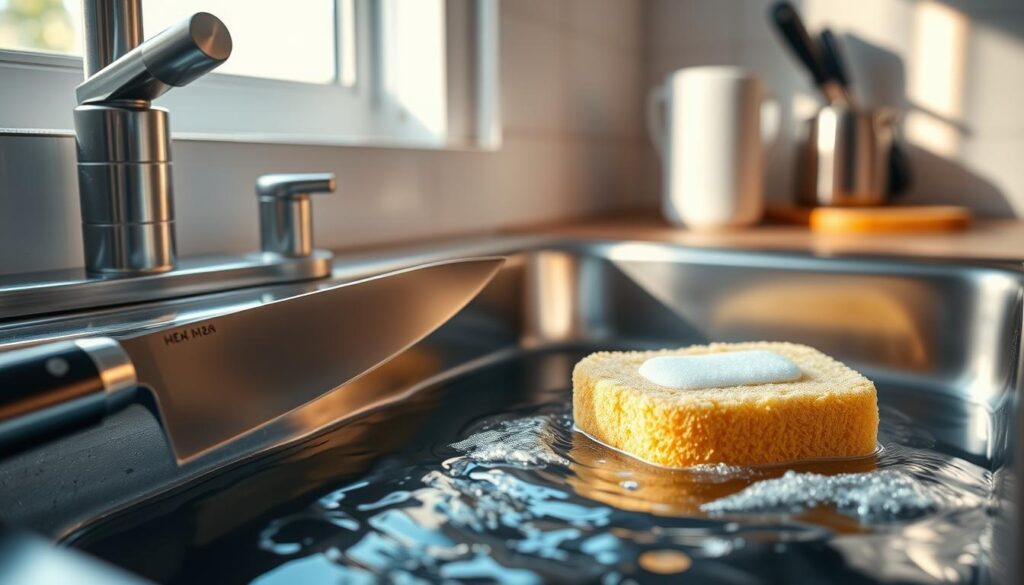 A close-up view of a stainless steel kitchen sink, filled with warm water, gently rippling to indicate warmth. In the foreground, a sharp, professional kitchen knife rests beside the sink, glistening from the light reflection. The middle ground features a soapy sponge soaking in the warm water, emphasizing cleanliness and preparation. Soft, natural daylight streams from a nearby window, casting a warm glow over the scene, enhancing the inviting atmosphere of a safe cleaning space. The background is slightly blurred, suggesting a clean, organized kitchen with minimal but essential tools visible, creating a sense of readiness and hygiene for disinfecting knives effectively. The overall mood reflects a sense of safety, care, and attention to cleanliness in the kitchen environment.