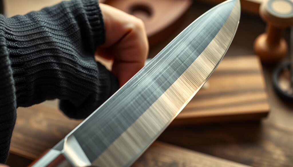 A close-up view of a traditional Japanese single bevel knife blade, showcasing its distinctive edge. The foreground features the blade glistening with finely honed sharpness, highlighting the smooth curvature of the single bevel. In the middle ground, an artisan's hand is gently holding the knife, wearing a dark, modest work glove, emphasizing the blade's craftsmanship. The background consists of a softly blurred wooden sharpening stone and traditional Japanese tools, enhancing the cultural context. Soft, diffused natural light illuminates the scene, creating a warm and inviting atmosphere. The composition is centered, with a slight top-down angle to emphasize the blade's profile and the importance of precision in knife sharpening. The overall mood is focused, respectful of the artistry involved in honing a single bevel edge.