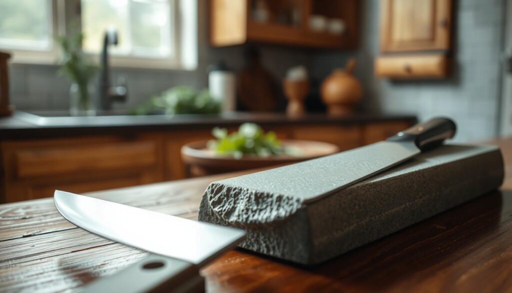 A close-up view of a traditional sharpening stone, or whetstone, resting on a wooden surface. The stone, featuring a fine-grained, porous texture, is soaked in water, glistening under soft, diffused natural light that creates gentle reflections. In the foreground, a finely crafted kitchen knife is positioned at an angle, its blade near the sharpening stone, highlighting the process of sharpening. In the background, a blurred, rustic kitchen setting subtly conveys a homely atmosphere with wooden cabinets and a hint of fresh herbs. The mood evokes a sense of calm and focus, ideal for a beginner learning the art of knife sharpening at home, emphasizing the whetstone's role as an essential tool.