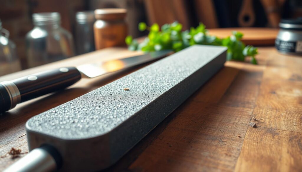 A close-up view of a traditional whetstone resting on a wooden workbench, showcasing its textured surface and earthy tones. In the foreground, highlight the whetstone's dual-grit sides, with fine particles glistening in the soft, natural light. The middle ground reveals a well-used kitchen knife partially beside the whetstone, hinting at its purpose. In the background, a blurred hint of a rustic kitchen setting with wooden utensils and herbs adds context. The lighting is warm and inviting, enhancing the mood of craftsmanship and care. The composition should focus on the whetstone's details, emphasizing its role in blade maintenance, with a shallow depth of field for a professional, polished look.