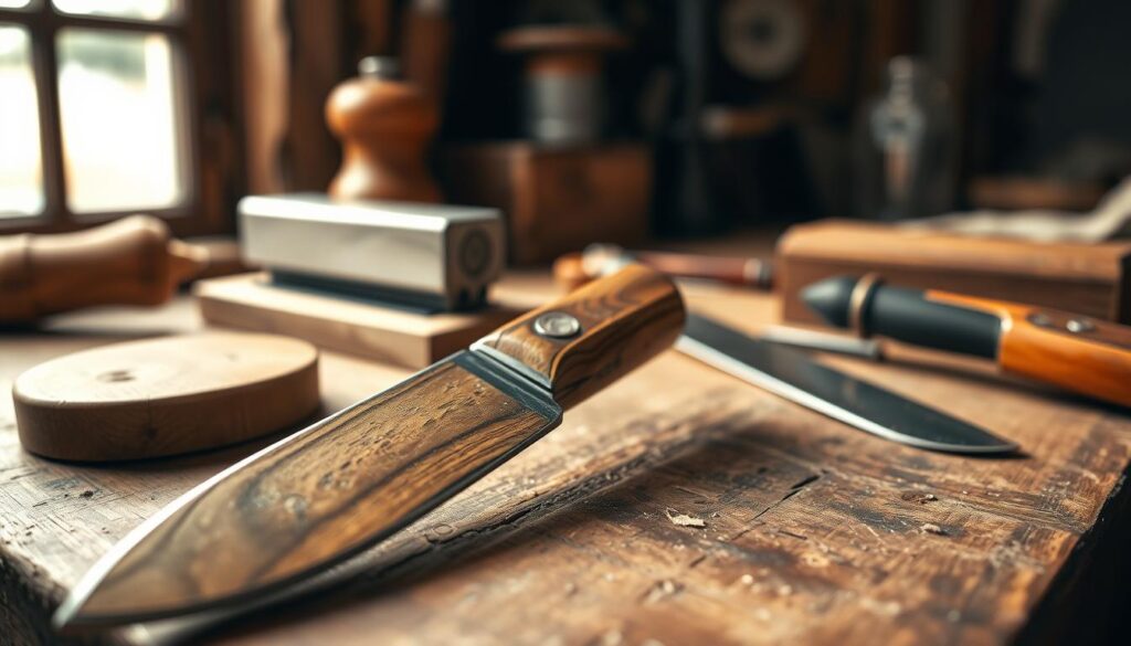 A close-up view of a vintage kitchen knife handle, showcasing its intricate wood grain and craftsmanship. The knife is placed on a well-worn wooden workbench, surrounded by tools like a whetstone, polishing cloth, and leather strop, creating a DIY restoration ambiance. In the background, soft, natural light filters through a nearby window, casting gentle shadows and highlighting the textures of the knife and tools. The image should have a shallow depth of field, focusing sharply on the handle while softly blurring the background elements for a professional look. The overall mood is warm and inviting, emphasizing the connection to traditional craftsmanship and the art of knife restoration.
