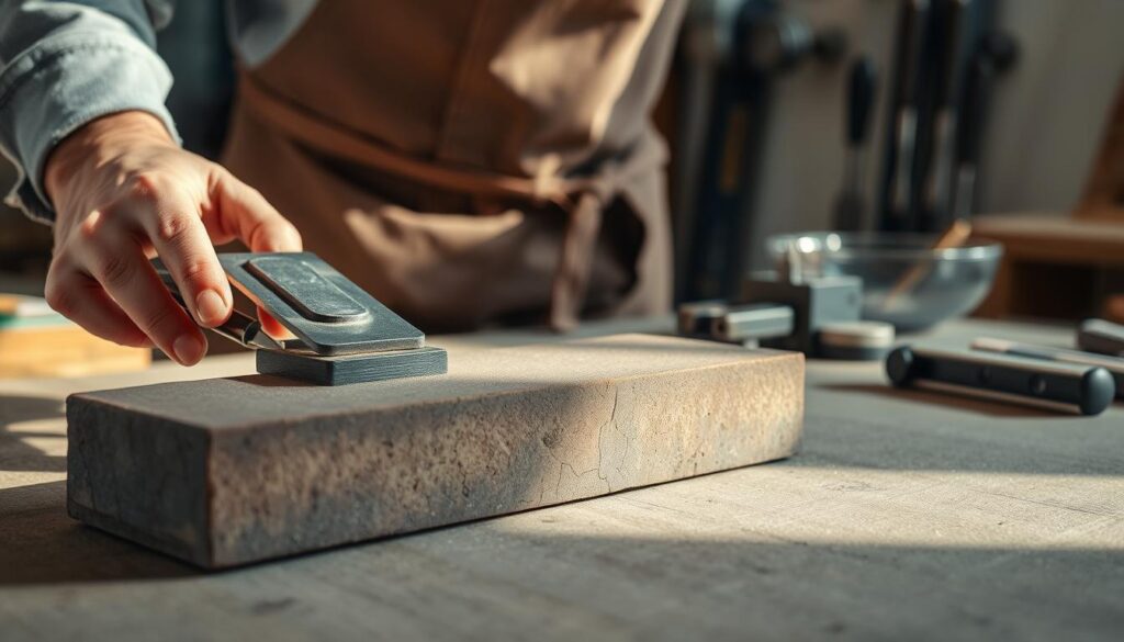 A close-up view of a well-worn whetstone being flattened on a flat surface. In the foreground, a skilled artisan, dressed in a professional apron, meticulously uses a dual-sided flattening tool, showcasing their technique. The whetstone, slightly cracked and uneven, is being aligned carefully, with abrasive particles visible. In the middle ground, an array of sharpening tools, including a leveling guide and water bowl, are neatly arranged, demonstrating the importance of the setup. Soft, natural lighting casts gentle shadows, highlighting the textures of the stone and tools. The background remains softly blurred, hinting at a well-equipped workshop atmosphere, creating a focused and dedicated mood for the task at hand.