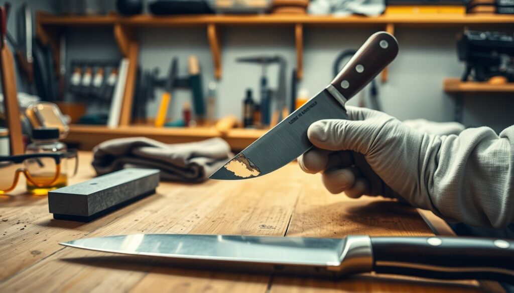 A close-up view of a wooden workbench featuring a slightly chipped kitchen knife, with a focus on the damaged blade. The foreground includes essential tools for chip repair, such as a sharpening stone, honing oil, a towel, and safety goggles, arranged neatly. The middle ground showcases the knife held at an angle, emphasizing the chipped area, while a pair of gloved hands are carefully preparing to sharpen the blade. In the background, a softly lit workshop setting is visible, with shelves lined with various sharpening tools and materials, creating an organized and professional atmosphere. The lighting is warm and inviting, casting gentle shadows that highlight the craftsmanship involved in knife maintenance. The mood is focused and instructional, capturing the essence of DIY repair.